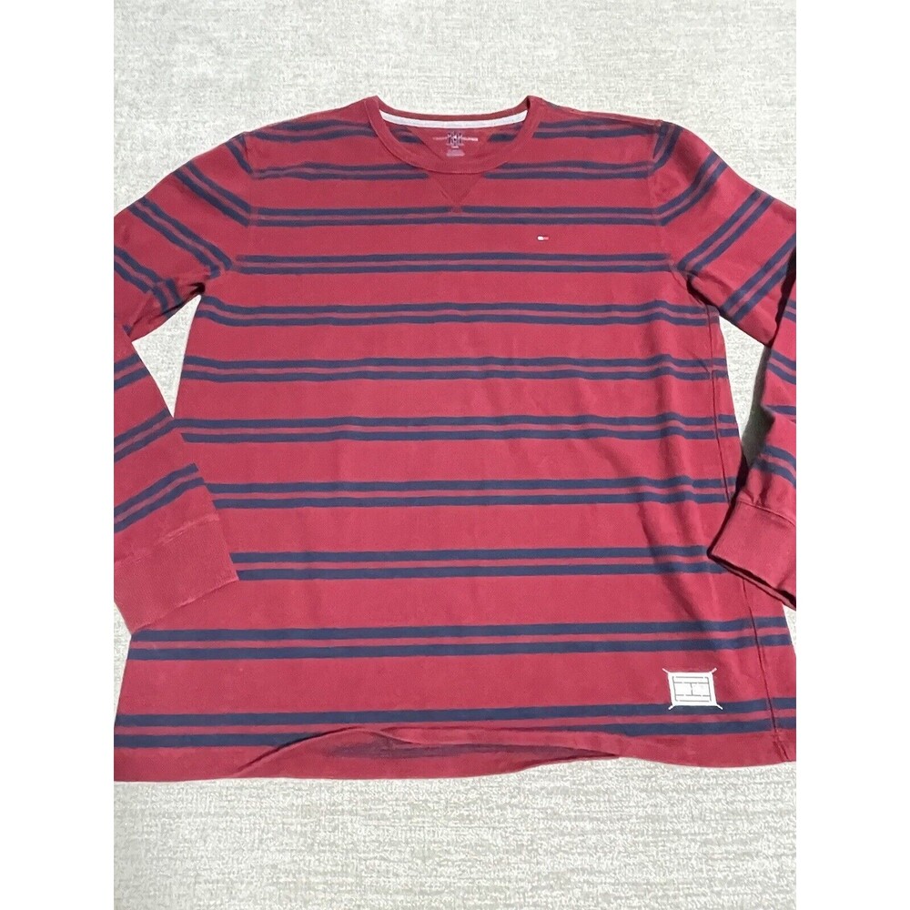 Tommy Hilfiger Sweater Men's XL Red Striped Cotton Crew Neck Pullover Logo